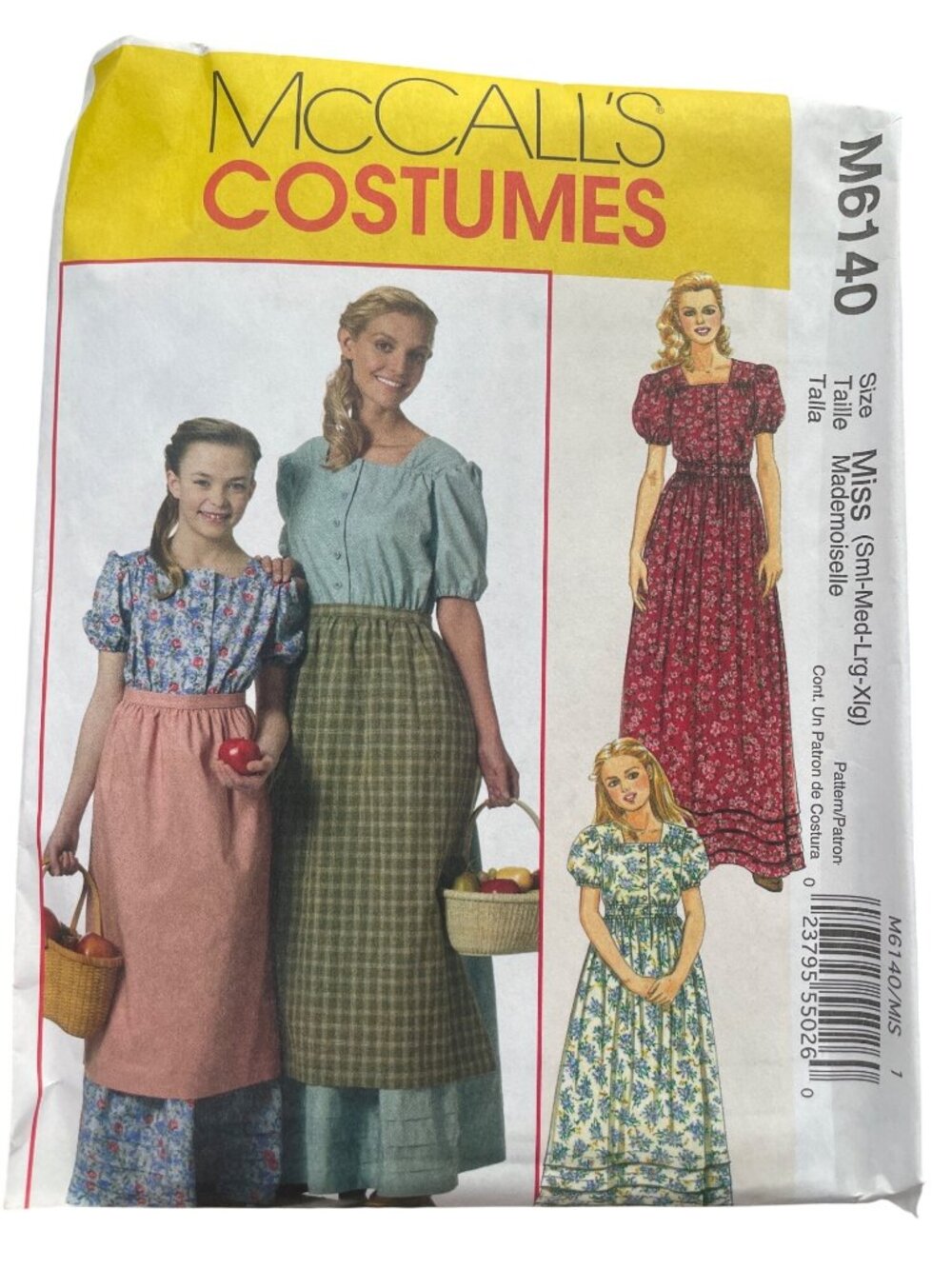 McCalls M6140 Sewing Pattern S-XL Misses Colonial Costume Dress Apron UNCUT